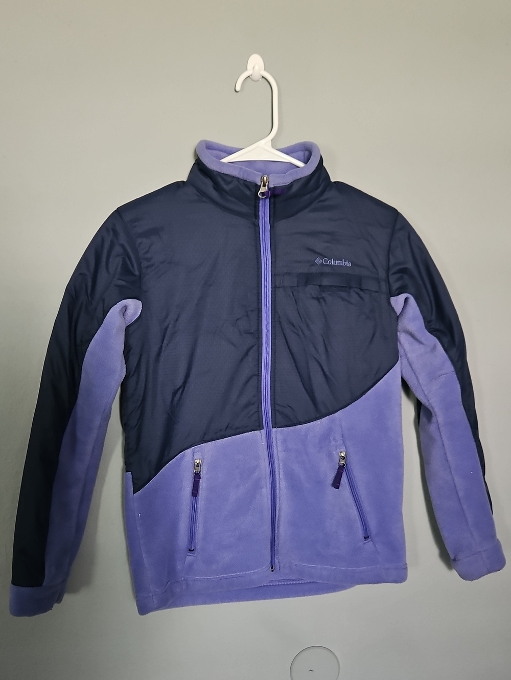 Columbia Kids Two-Tone Navy and Lavender Fleece Hybrid Full Zip Fleece Jacket